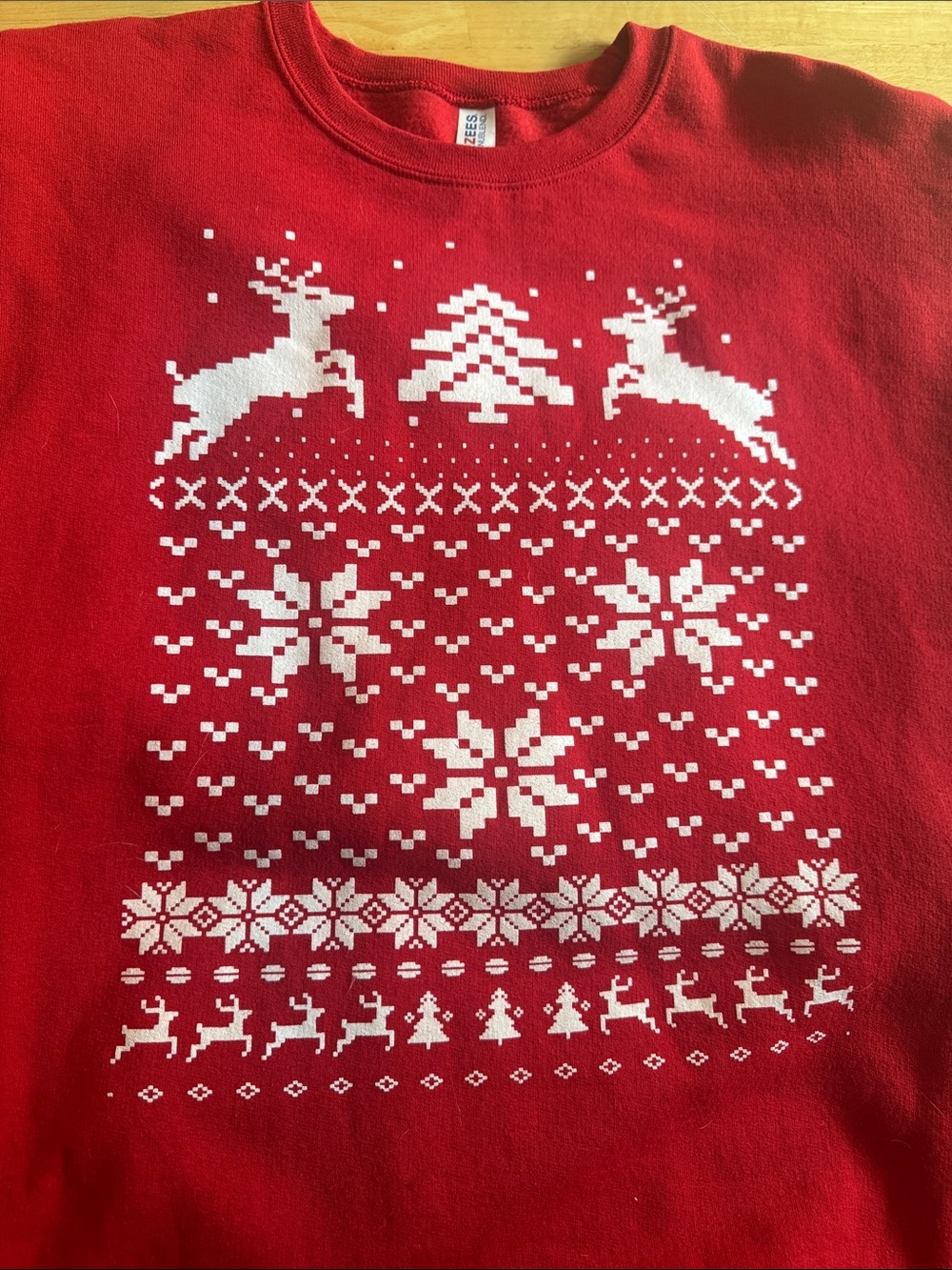 Jerzees Red Crewneck Sweater with White Reindeer & Snowflake Knit